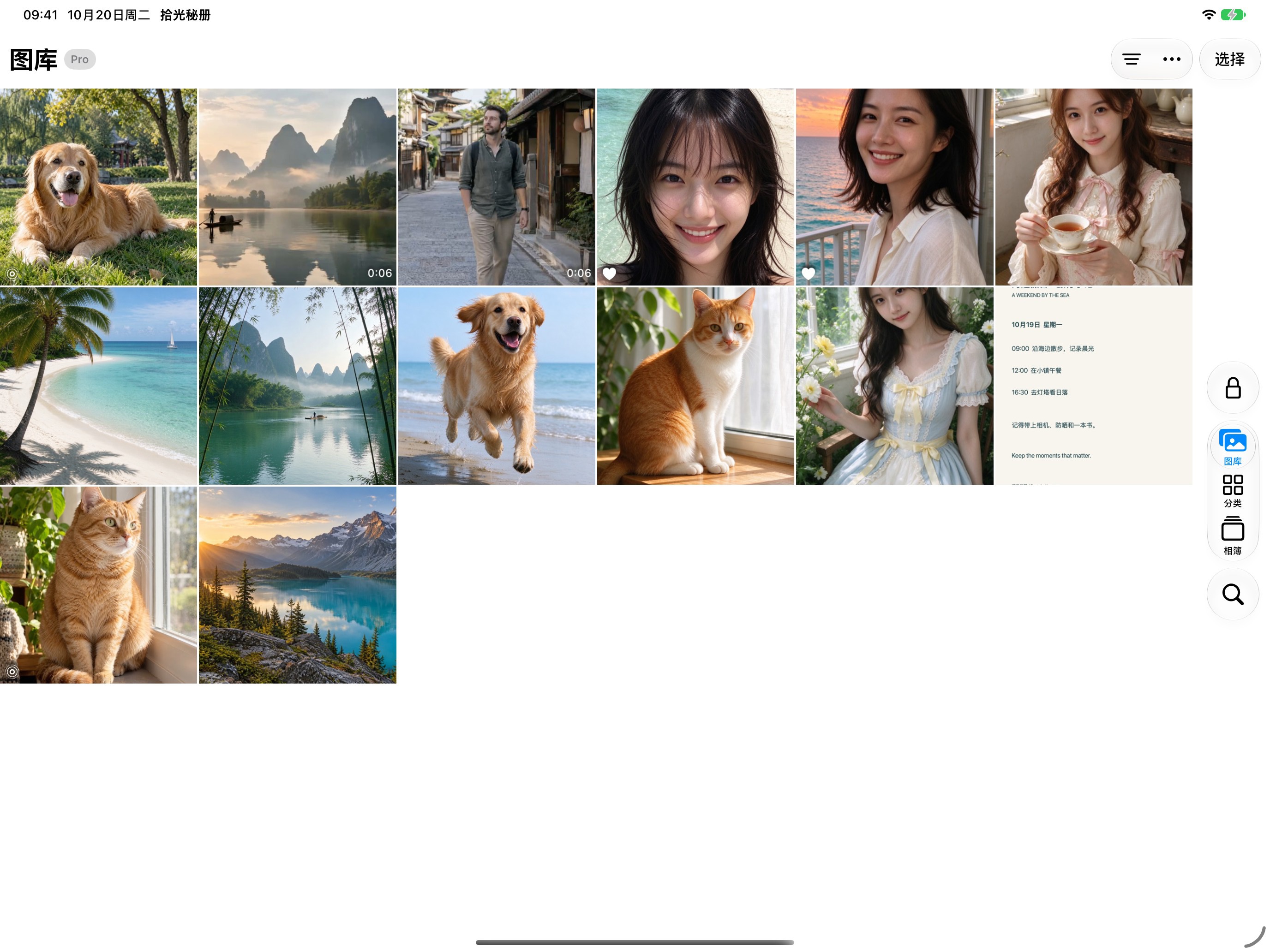 iPad 横屏图库，照片、视频和实况照片共同显示，导航工具位于右侧